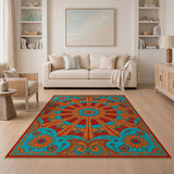 Vibrant Teal Orange Sunburst Geometric Area Rug