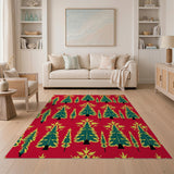 Festive Red Christmas Trees Snowflakes Pattern Rug