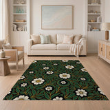 Dark Green Floral Vintage Area Rug with White Blooms