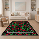 Red Hibiscus Floral Area Rug on Black