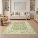 Sage Green Pink Peony Floral Vintage Rug