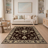 Ornate Beige Floral on Brown Area Rug