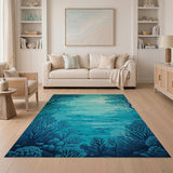 ODIKA Washable Teal Coral Ocean Area Rug - Non-Slip Low Pile Modern Coastal Decor