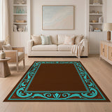Ornate Teal Border Chocolate Area Rug