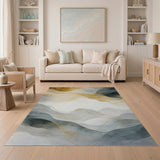ODIKA Washable Abstract Gold and Grey Low Pile Area Rug - Non-Slip & Pet Friendly