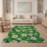 White Blossom Floral Green Area Rug