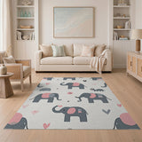 Playful Grey Elephant Pink Hearts Nursery Rug