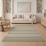 Beige and Neutral Beige Striped Woven Fringe Area Rug