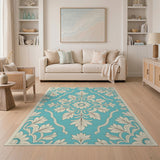 Blue and Teal Teal Ornate Floral Damask Area Rug