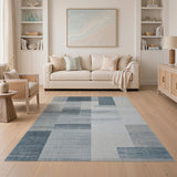 Washable Modern Geometric Color Block Area Rug, Blue Grey Low Pile