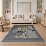 Golden Leopard on Grey Striped Area Rug