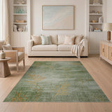 Green Gold Fern Leaf Distressed Vintage Area Rug