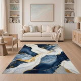Navy Blue Gold Abstract Marble Area Rug