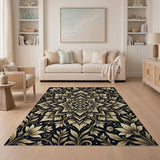 Gold Mandala Floral Area Rug on Black