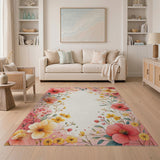 Blush Pink Peony Yellow Floral Border Area Rug