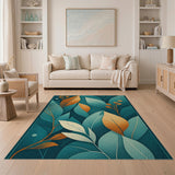 Teal Leaves with Orange Accents Abstract Rug