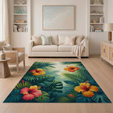 ODIKA Tropical Hibiscus Floral Washable Area Rug - Non-Slip Low Pile Palm Leaf Carpet