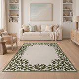 Beige and Neutral Elegant Green Vine Leaf Border Area Rug