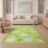 Adorable Bunny Chick Green Kids Area Rug