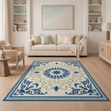 Navy Blue Gold Floral Medallion Rug