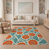 Vibrant Orange Dahlia Teal Leaf Area Rug