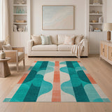 Teal Orange Wavy Geometric Area Rug