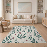 Teal Leaves Pink Flowers Cream Area Rug