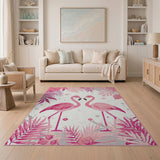 Pink Flamingo Duo Area Rug with Tropical Leaves