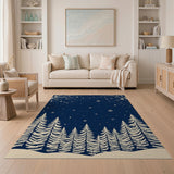 ODIKA Washable Navy Blue Winter Forest Pine Tree Area Rug - Low Pile Non-Slip Rug