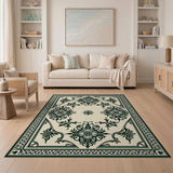 Ornate Black Floral Persian Area Rug on Cream Beige