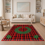 Festive Red Plaid Wreath Area Rug