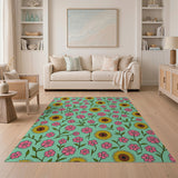 Vibrant Teal Sunflower Pink Floral Area Rug