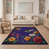 ODIKA Hummingbird & Floral Washable Area Rug - Purple Low Pile Non-Slip Botanical Carpet