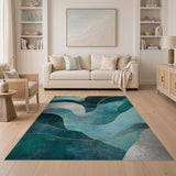 Teal Wave Abstract Area Rug with Gold Accents