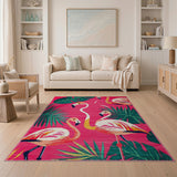 Coastal Beach Pink Vibrant Pink Flamingo Palm Leaf Area Rug