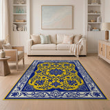 Ornate Blue Floral on Yellow Persian Area Rug