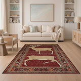 Red Persian Rug with Majestic Deer Silhouettes