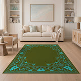 Ornate Teal Floral Border Olive Green Area Rug