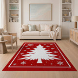 Festive White Christmas Tree Snowflakes Red Rug