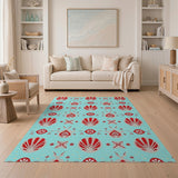 Red Scallop Shells Teal Geometric Coastal Rug