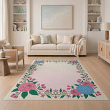 Vintage Floral Border Rug with Pink Roses Blue Hydrangeas