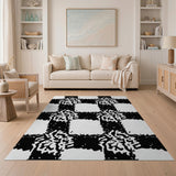 Black White Distressed Cross Grid Area Rug