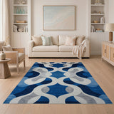 ODIKA Washable Blue Geometric Area Rug - Modern Low Pile Non-Slip Rug for Living Room & Bedroom