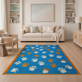 Playful Blue Paw Print Area Rug with Orange Accents
