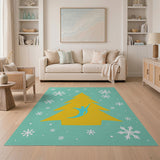 Festive Yellow Christmas Tree Snowflakes Teal Rug