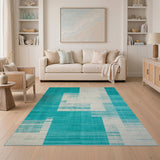 Teal and White Geometric Abstract Area Rug