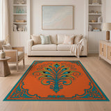 Ornate Peacock Feather Area Rug in Vibrant Orange