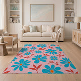 Vibrant Blue Chamomile Floral Pink Area Rug