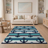 Nautical Navy Anchor Striped Area Rug