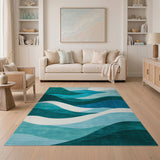 ODIKA Modern Teal Abstract Wave Washable Area Rug - Low Pile Non-Slip & Pet Friendly